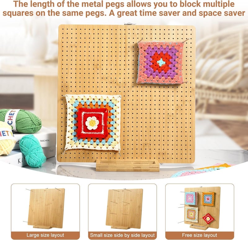 Aulin 15.5"" x 15.5"" Foldable Crochet Blocking Board with Pegs | 35 Stainless Steel Rod Pins - Upgrade Large Blocking Boards for Crochet Projects, Gifts for Crocheters, Mothers, Grandmothers - Image 5